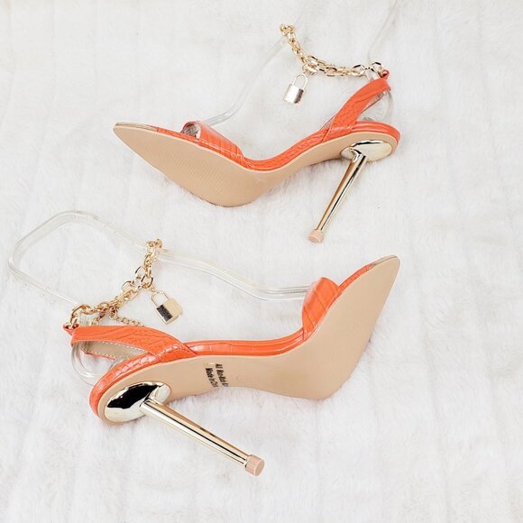 Nicely Lock Chain Strap High Heels Metal Toe Tip Orange Super Cute - Picture 13 of 13
